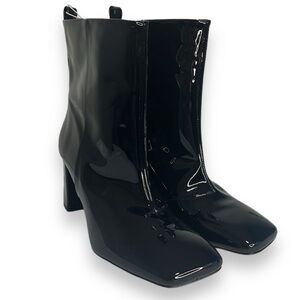 Good American Ankle Boot Women's 8.5 Black Patent Leather Square Toe Square Heel
